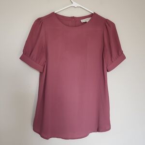 LOFT Pink Mauve Puff Sleeve Button Back Short Sleeve Blouse XSP